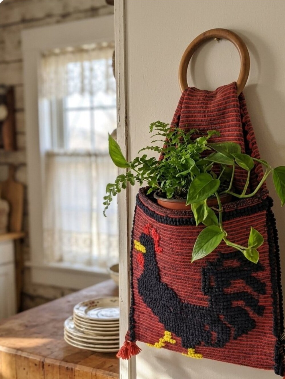Vintage Woven Rooster Wall Pocket – Double-Sided Folk Art Hanging Storage